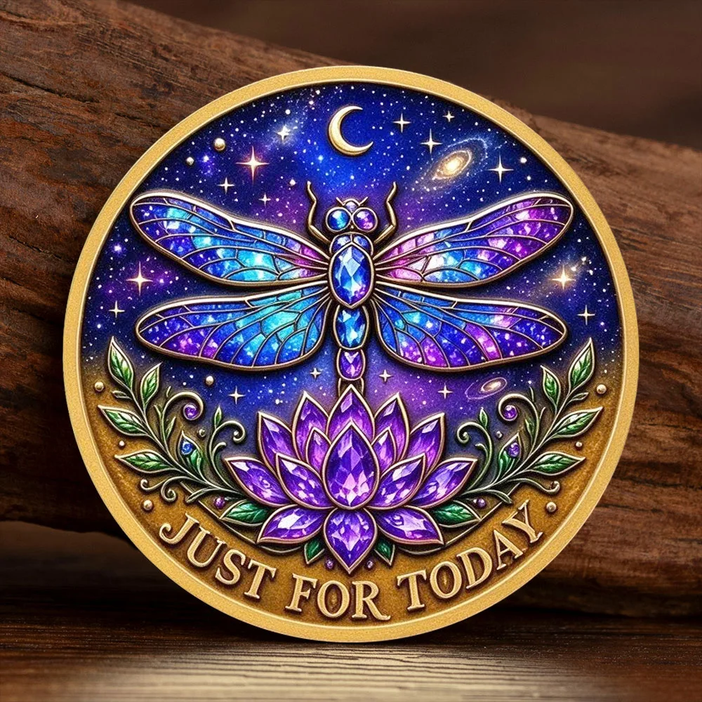 Just for Today Recovery Gold Challenge Coin Dragonfly Lotus Inspirational Sobriety Token Healing Positive Quote Collectible Coin