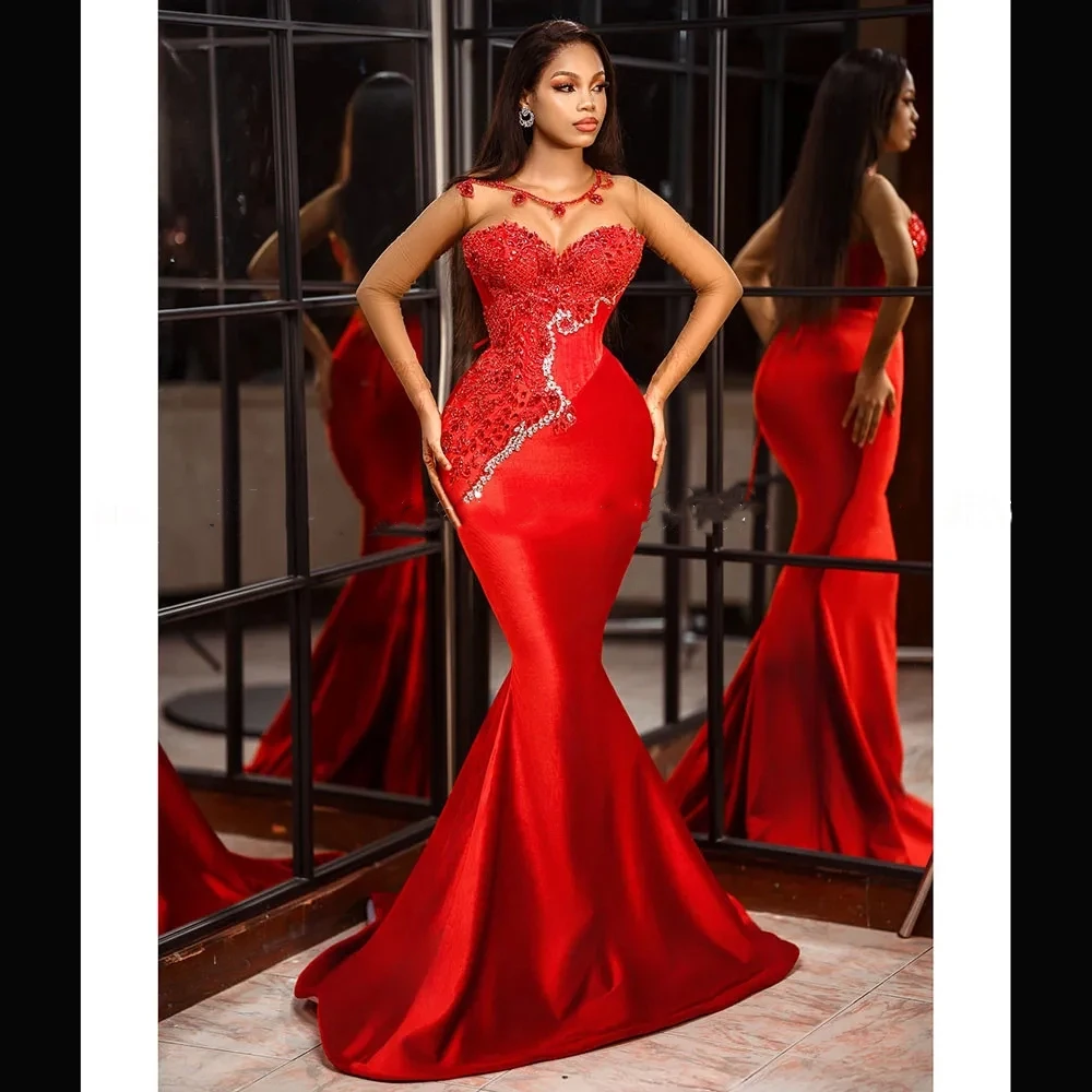 Customized 2026 New Elegant Mermaid Sexy Red Ball Dress With Beaded Sequins Transparent Long Sleeved Slim Fit Sexy Party Dress
