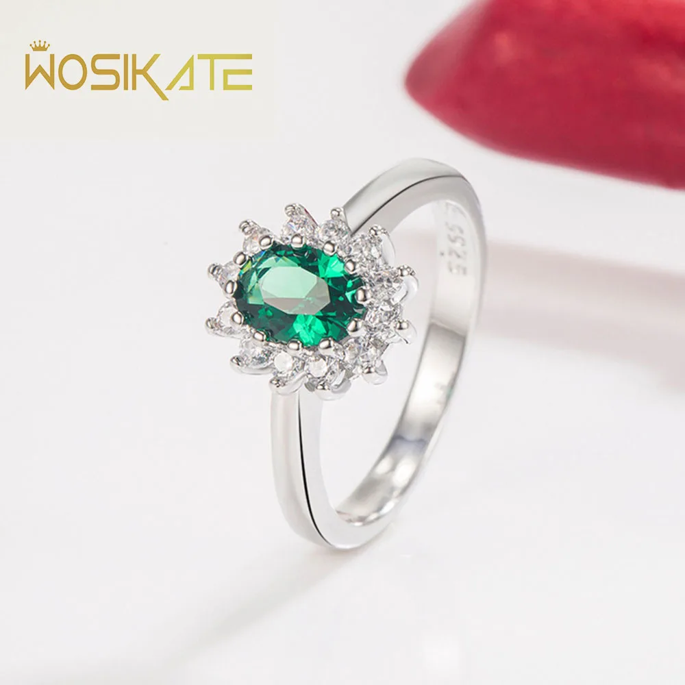 WOSIKATE Trendy Claw Set Zirconia Emerald Ruby Sapphire Wedding Ring For Women 925 Sterling Silver Jewelry Promise Ring Size5-10