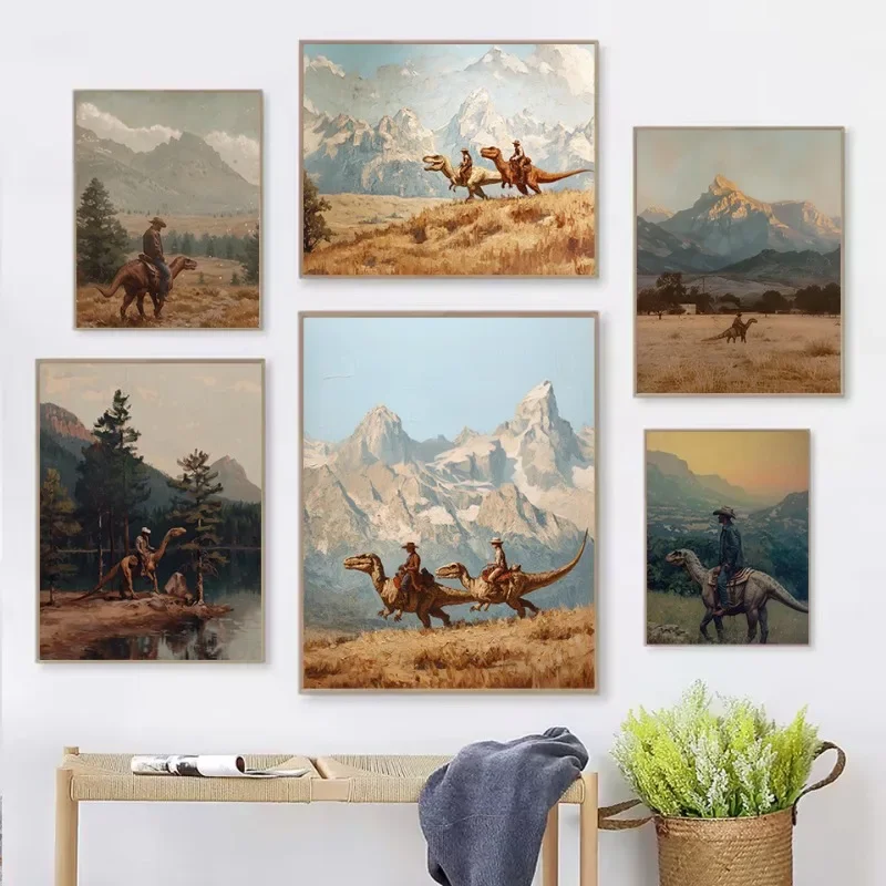 Vintage Western Cowboy Riding Jurassic Dinosaur Mountain Lake Landscape Poster Canvas Painting Wall Art Pictures Home Decor