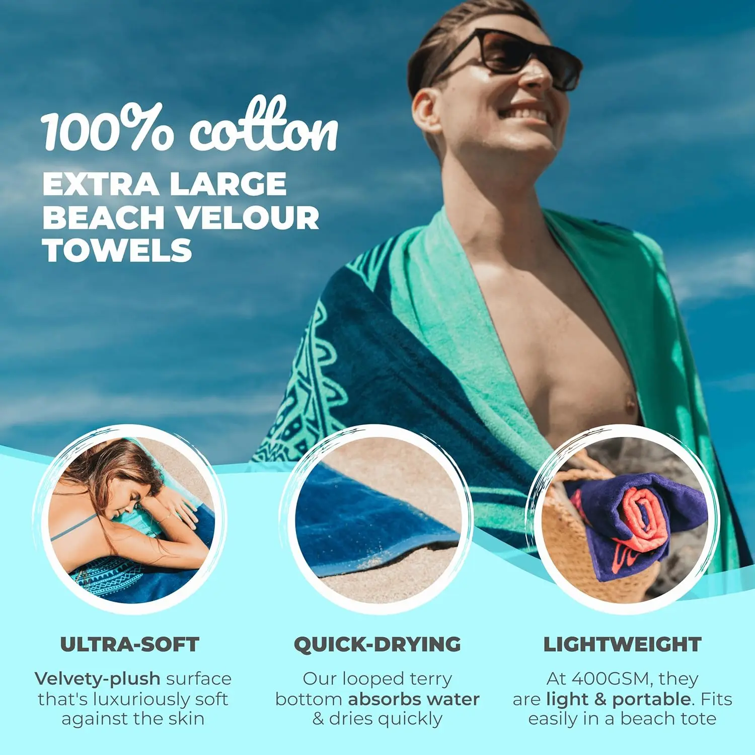 Tuna Fish Beach Towel, Blue Striped Tropical Design Absorbent Bath Towel for Swimming Pool, Travel and Vacation