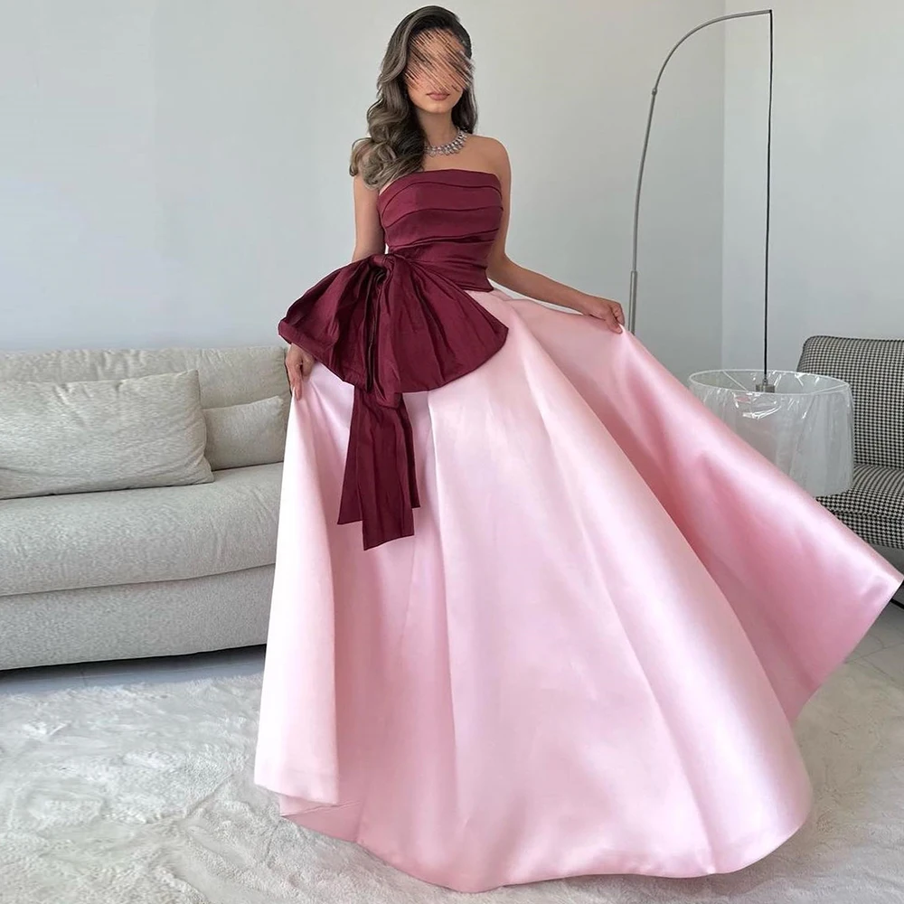 

Evening Dresses Elegant Wedding Sleeveless A-Line Bow Boat Neck Contrast Color Satin Satin Pleats Dresses For Formal Occasions