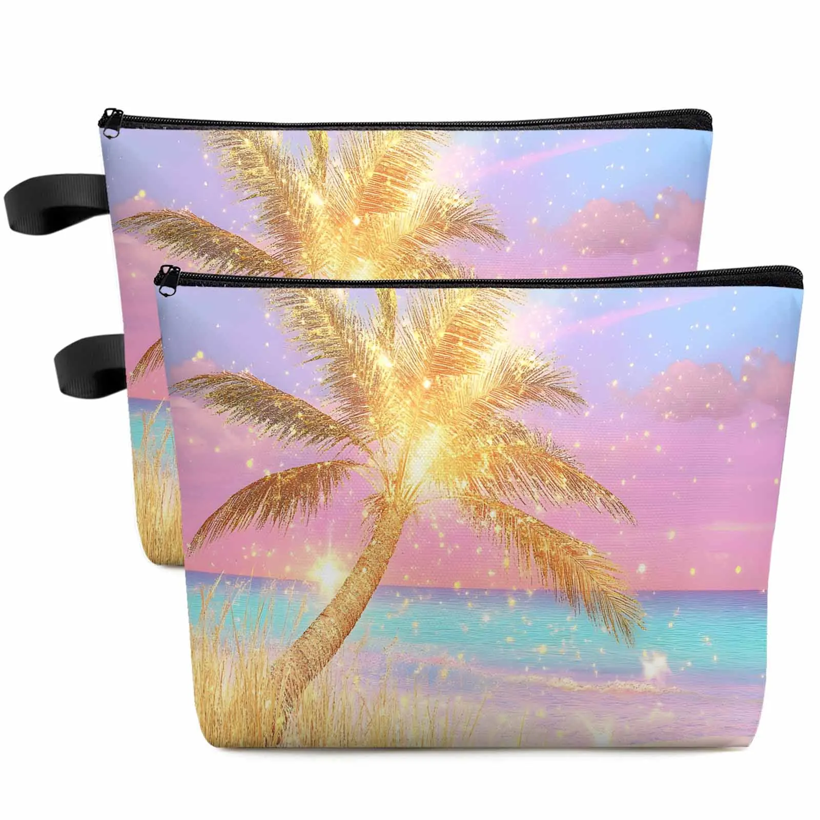 

Seaside Sparkle Palm Trees Большая вместительная дорожная косметичка Портативная сумка для хранения макияжа Женский водонепроницаемый пенал