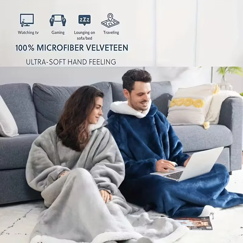 Super Long Flannel Blanket with Sleeves Winter Hoodies Sweatshirt Women Men Pullover Fleece Giant TV Blanket Oversized