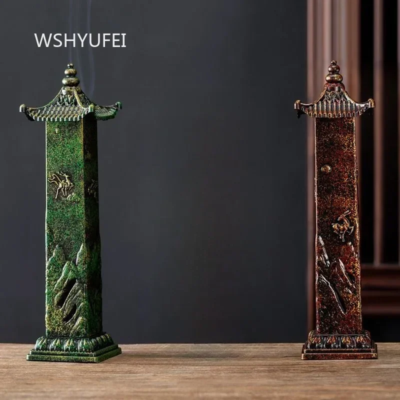 Chinese Pavilion Vertical Incense Holder Mountain Pattern Stick Incense Burner Zen Home Tea Room Decor Incense Cylinder Ornament