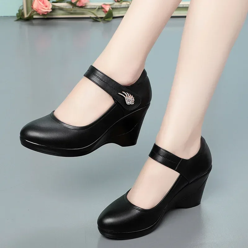 7.5cm Comfortable Quality Soft Leather Shoes Shallow Platform Wedges Shoes 2024 Fall High Heels Pumps Women for Office Mom