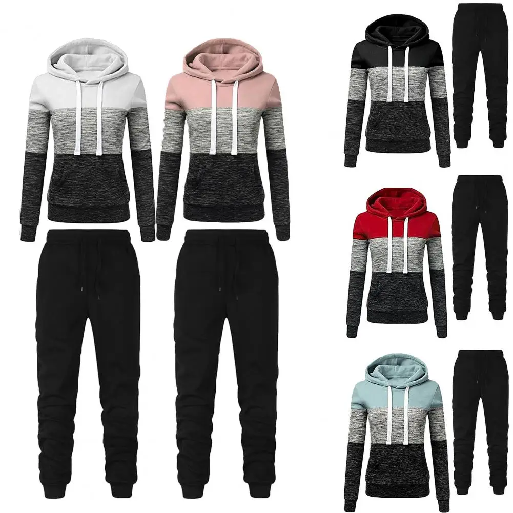 1 Set Simple Pullover Trousers Tracksuit Top Pants Set Color Block Warm Sweatshirt Lace-up Sweatpants  Soft