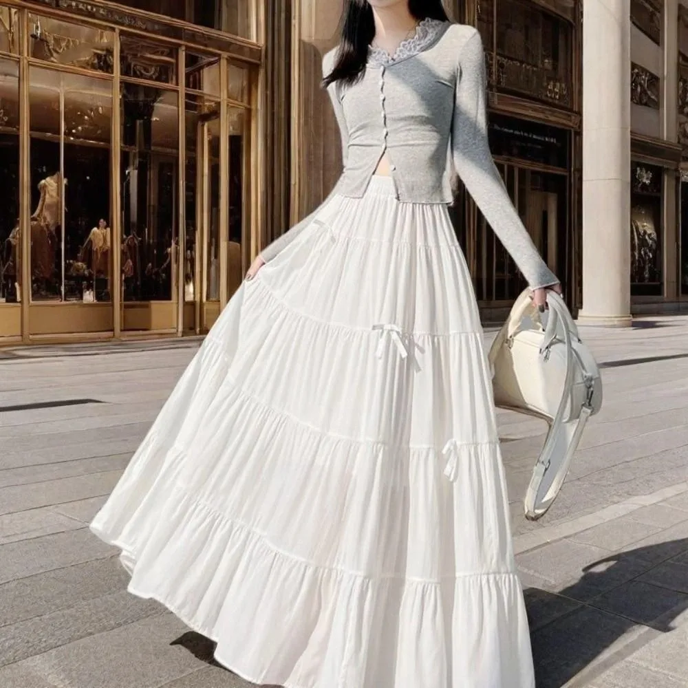 

Элегантная многоярусная юбка-миди с бантом, плиссированная однотонная длинная юбка трапециевидной формы с высокой талией, шикарное длинное платье с семью точками, шикарное