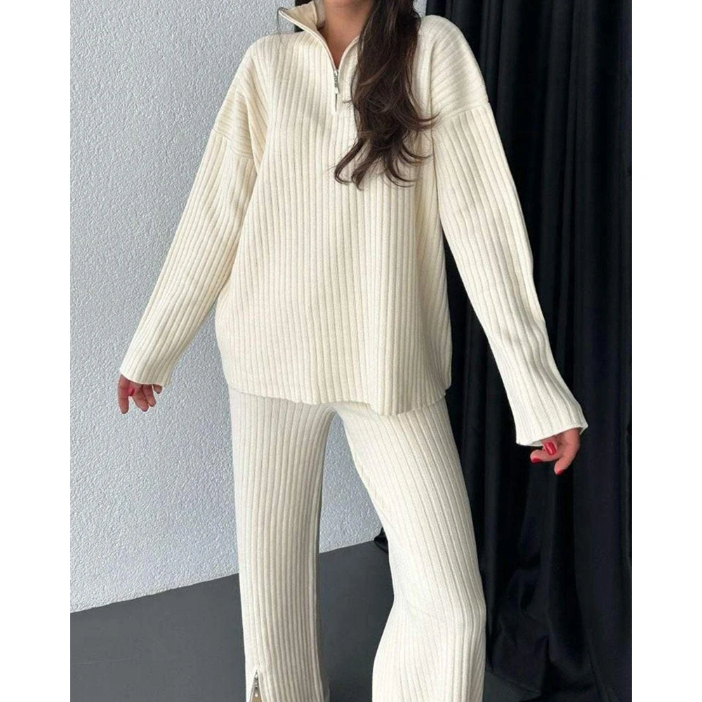 Women Ribbed Zipper Front Long Sleeve Top & Hem Split Wide Leg Pants Set Elegant Ensembles Femme Outfits 2 Piece Pants Suit