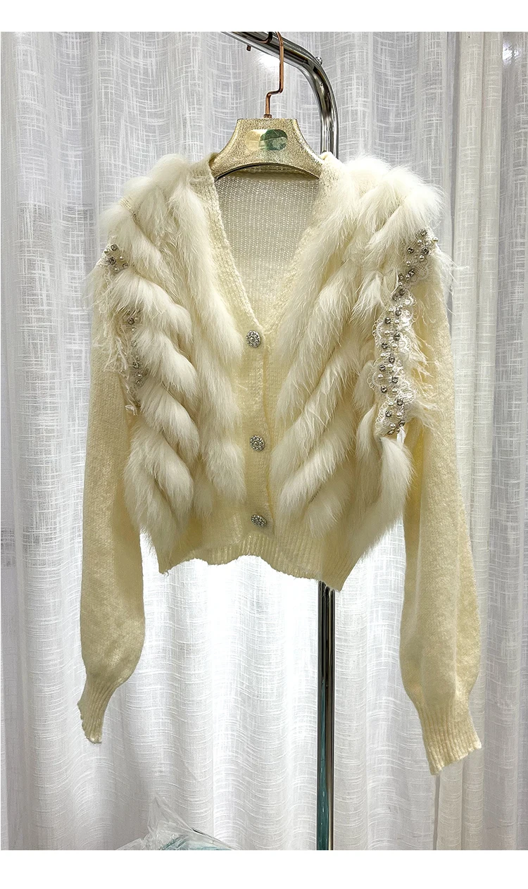 2023 New Women Real Fox Fur Oversize Loose Spring Fox Fur Strip Sewed Together Outside Decoration Lady Fashion Sweater Cardigan