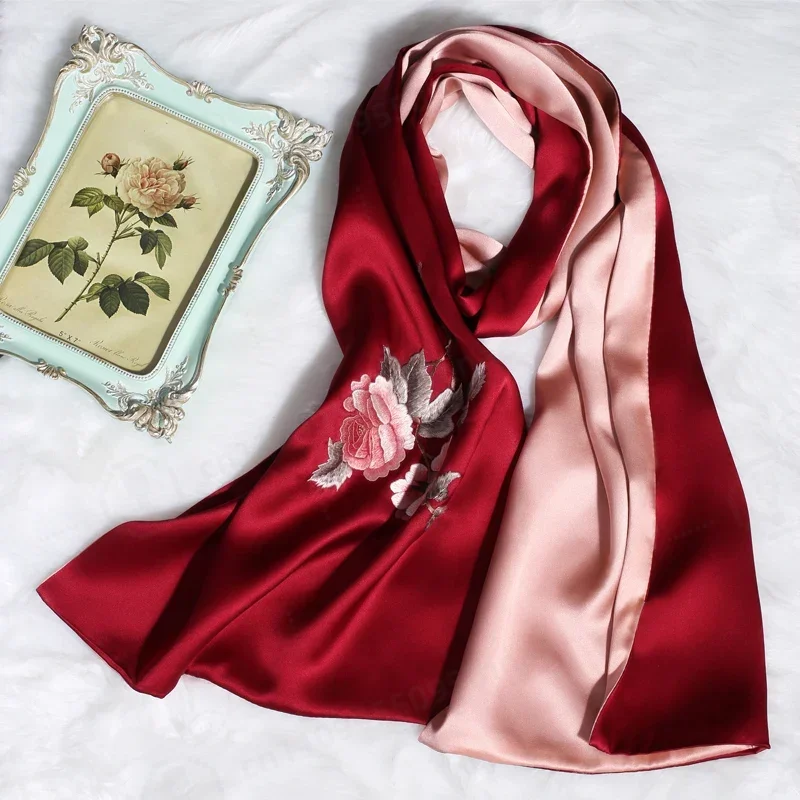 Thick Luxury  Gift Real Silk Cheongsam Shawl Embroidered Handmade Double layer 16MM 100% Silk Scarf Women   Middle-Aged Mother