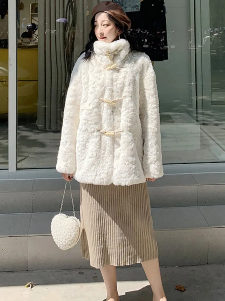 Autumn Winter Lamb Cashmere Coat Horn Buttons Stand Collar Thick Warm Long Sleeve Furry Outwear Lady Elegant White Jacket