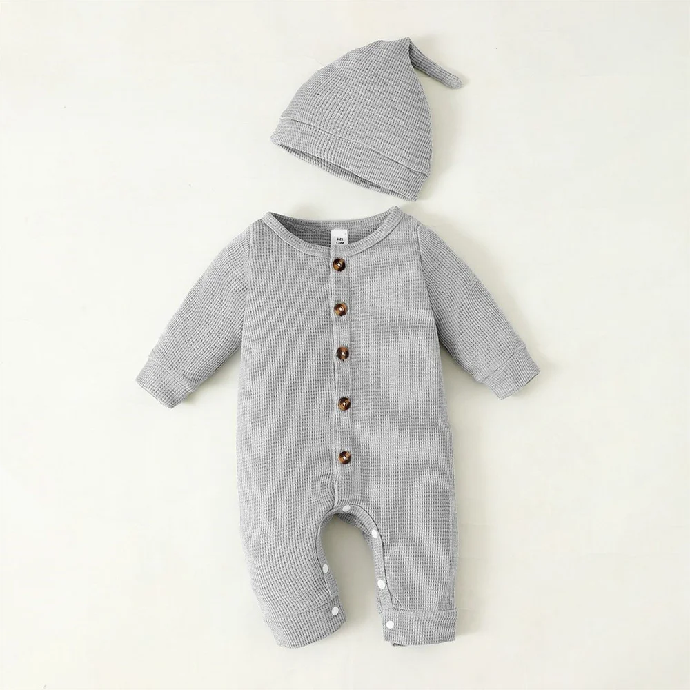 Newborn Baby Boy Romper Solid Long Sleeves Button Jumpsuit with Hat Infant Baby Bodysuit Fashion Autumn Clothes Set 0-6 Months