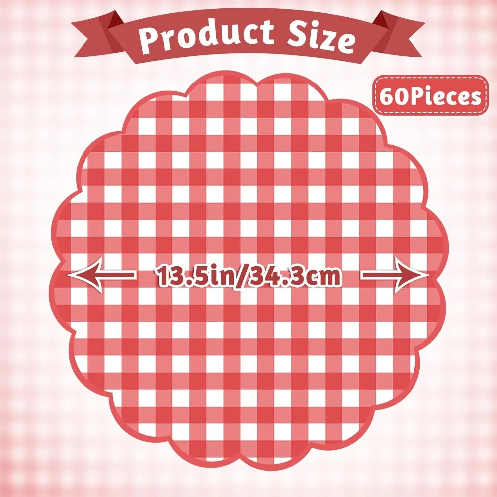 60 Pcs Red Gingham Scalloped Paper Placemats, 13.5 Inch Disposable Table Mats for Picnics, BBQs, Weddings