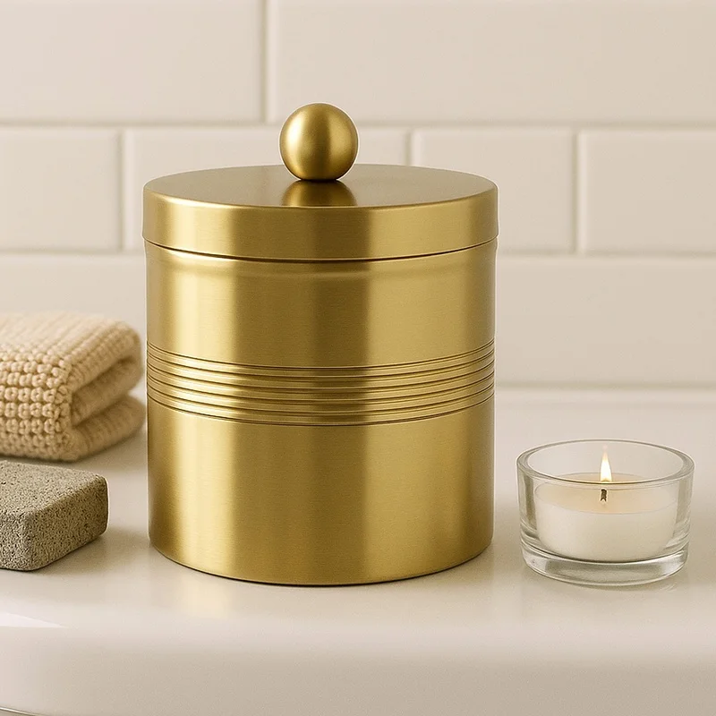 

Gold Finish Stainless Steel Vanity Jar for Cotton Swabs, Sponges, Bath Salts – Stylish Bathroom Storage Canister