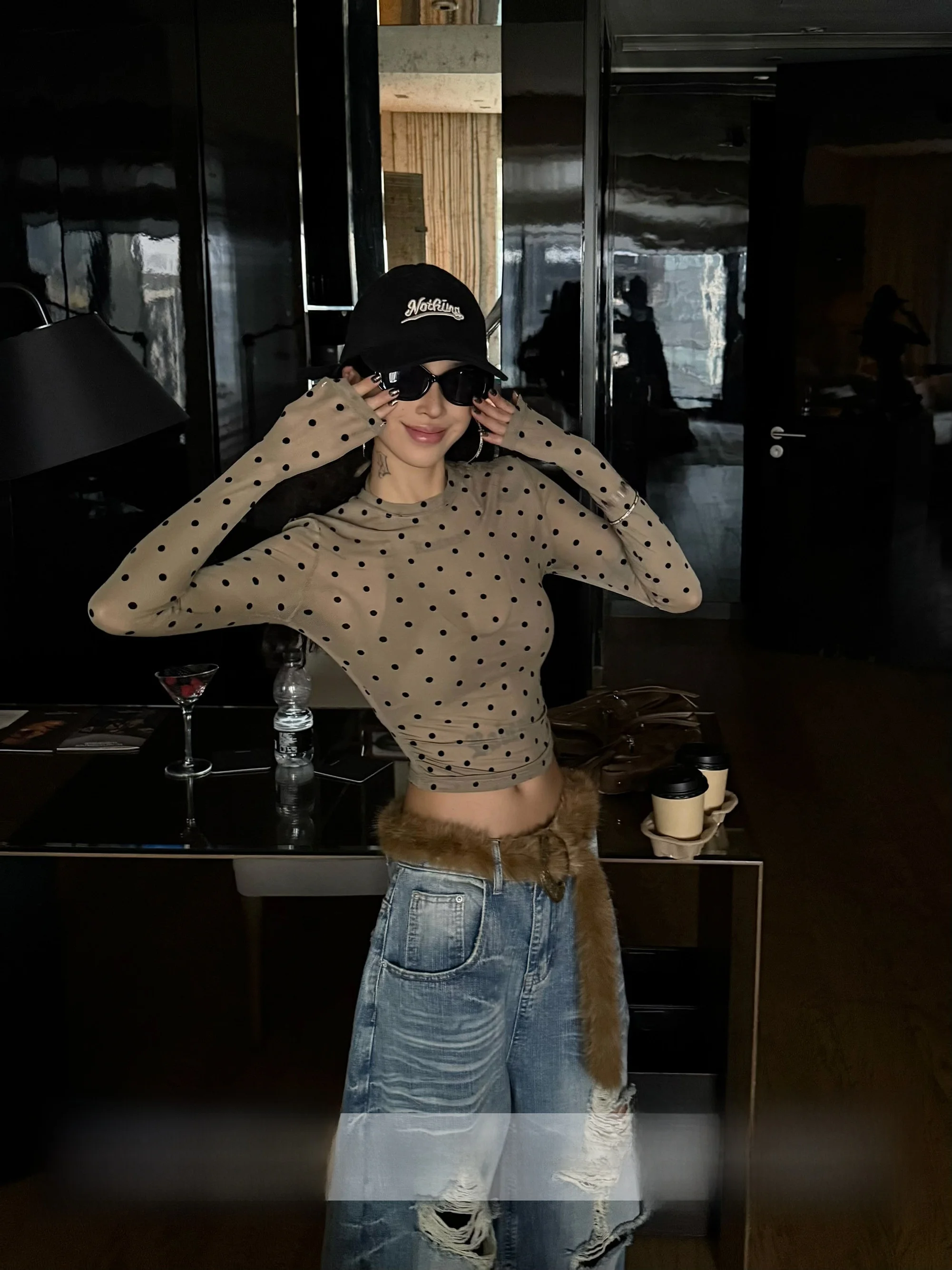 STYLMW Jingzi Women's Polka Dot Mesh Base Shirt Casual Style Long Sleeve T-Shirt Coffee Color Outerwear Design Spring Autumn