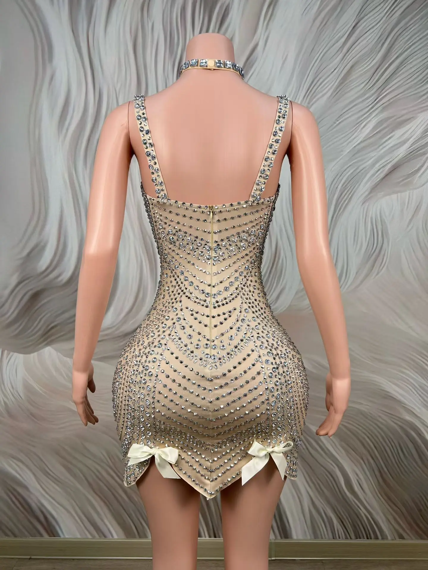 Hudiejie Beige Mesh Mini Dress with Allover Silver Rhinestones White Bow Details and Matching Choker for Nightclub Birthday Part