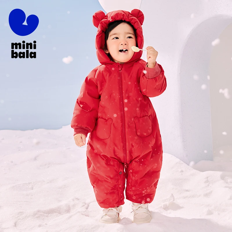 Mini Bala Down One-Piece Outfit with Cute and Fun Hooded Crawling Suit for Boys and Girls 2024 New Winter Styles Baby Romper