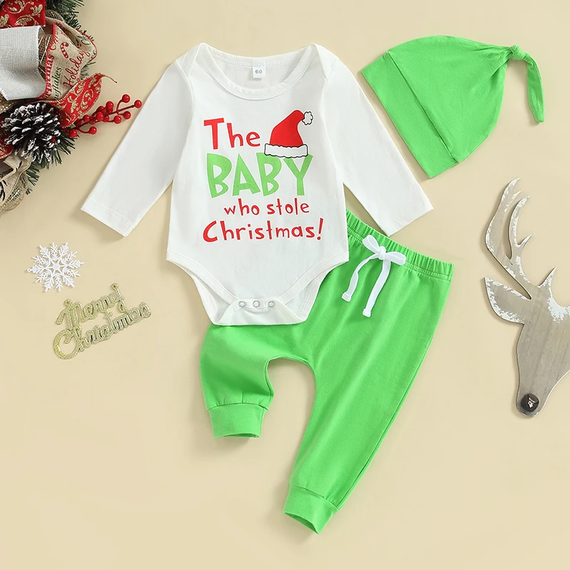 

2023-08-22 Lioraitiin 0-24M Newborn Baby Boy Christmas Outfit Letter Printing Bodysuit Green Pants Set Infant Xmas Clothes