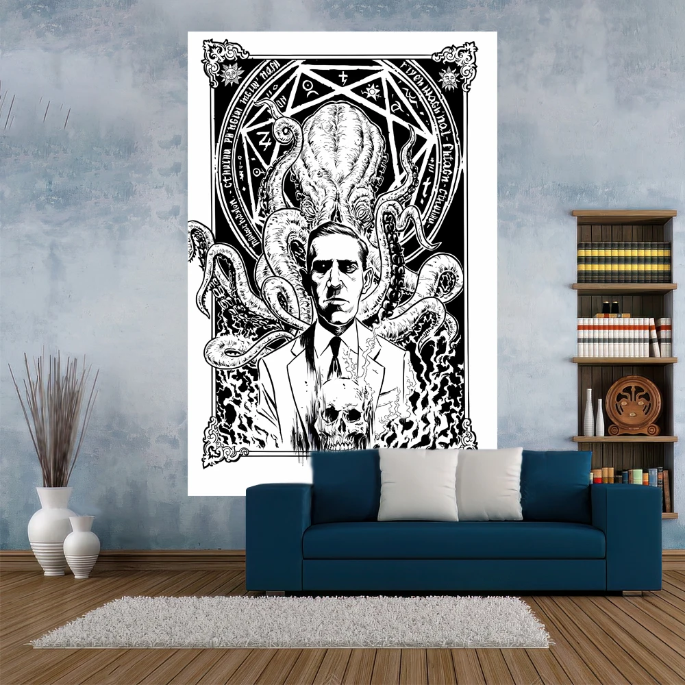 Anime Cthulhu Tapestry Black And White Printed Hippie Wall Hanging Aesthetics Home Decoration Dormitory Background Sofa Blanket