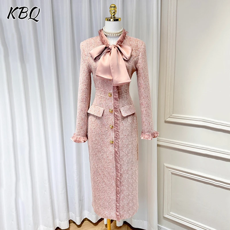 

KBQ Solid Spliced Bowknot Dress For Women O Neck Long Sleeve High Waist Spliced Button Elegant A Line Dresses Female Fashion New