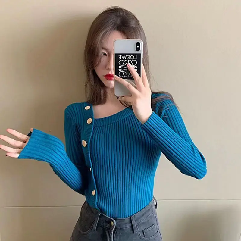 

Women Clothing Spring Autumn Fashion Simplicity Trend Button Solid Color Diagonal Collar Ladies Knitting Appear Thin Long Sleeve