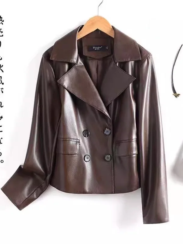   Chaqueta de Cuero Genuino Ning para Mujer, Estilo Slim, Abrigo de Piel de Oveja, Nueva Colección Primavera 2025, Chaqueta de Cuero Negra