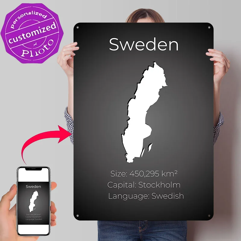 Sweden Map 3D Printed Texture Poster Personalized Wall Art Retro Metal Tin Signs for Living Room Decoration Man Home Decorations