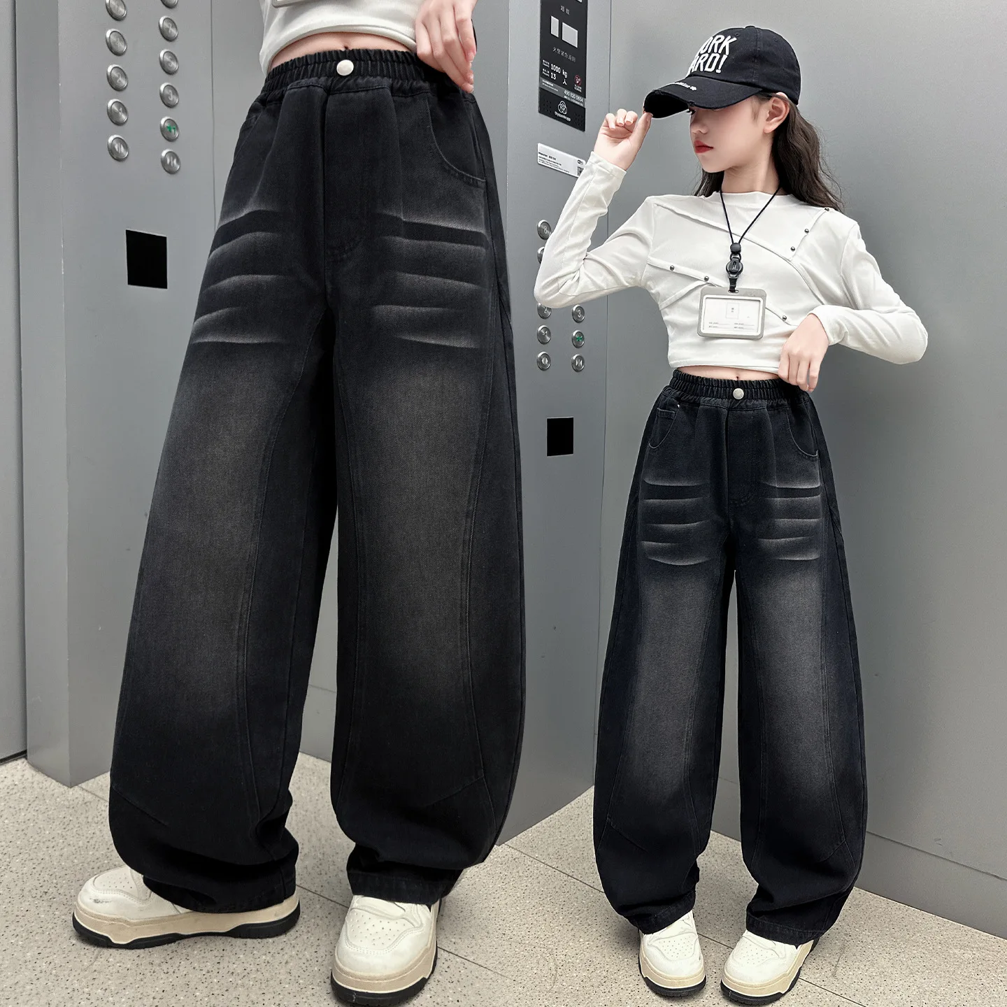 

Модные свободные прямые джинсы для девочек, осень 202, детские брюки с изогнутыми ножками для подростков, модные длинные брюки для девочек 4–14 лет