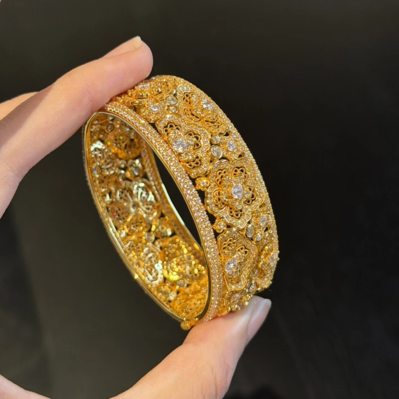 Bellux Handmade setting Full Diamond Peony Carving Bracelet 925 Pure Silver Thick Plated 24K Gold Luxury Vintage Bangle