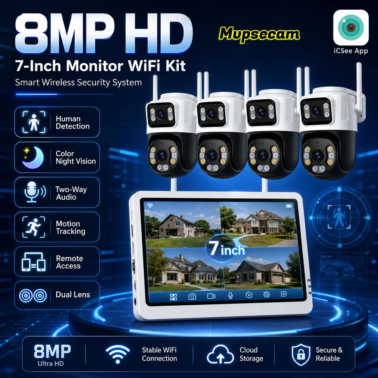 8MP Wireless CCTV Camera System Kit with 8CH NVR 5MP Monitor NVR Human Detection Wfii PTZ Camera Video Surveillance Camera Set