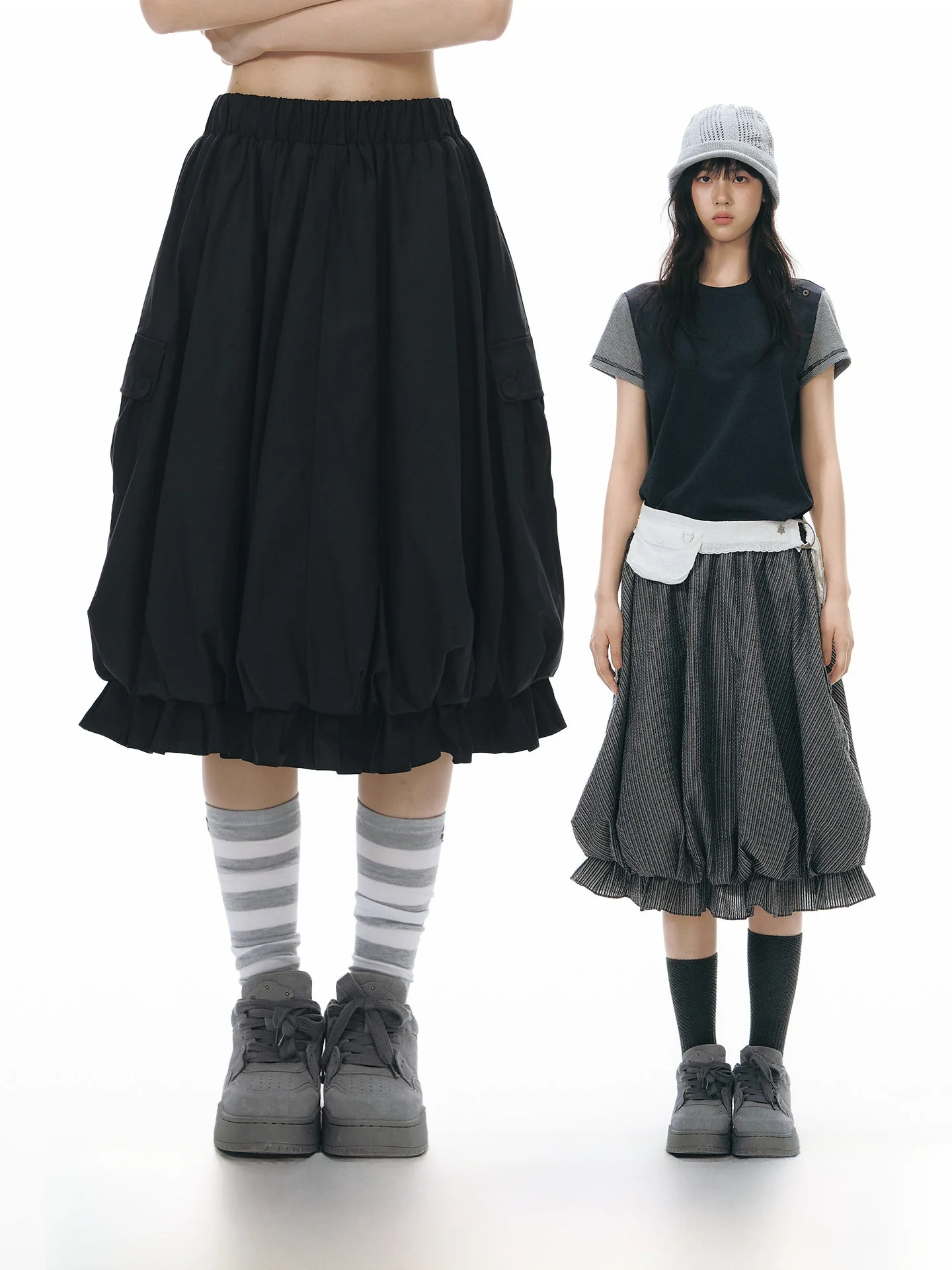 NAPSNAPS Original Workwear Large Pocket Bloom Skirt Women's Summer Design Loose Elastic Waist Midi Length Half Skirt