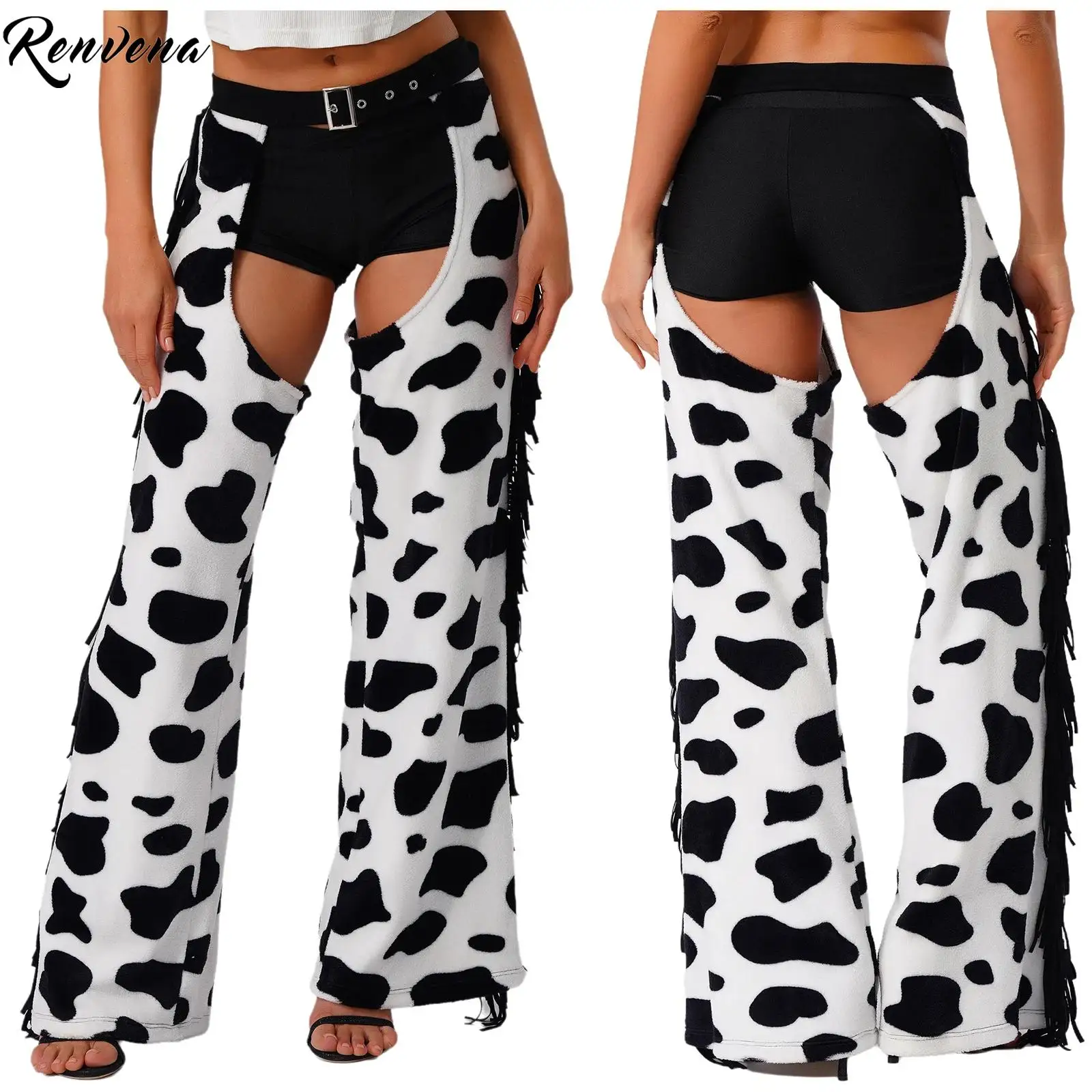 Cow Spot Flannel Long Pants Halloween Cowgirl Cosplay Trousers Womens Riding Long Pants with Side Tassels Open Crotch Dress Up