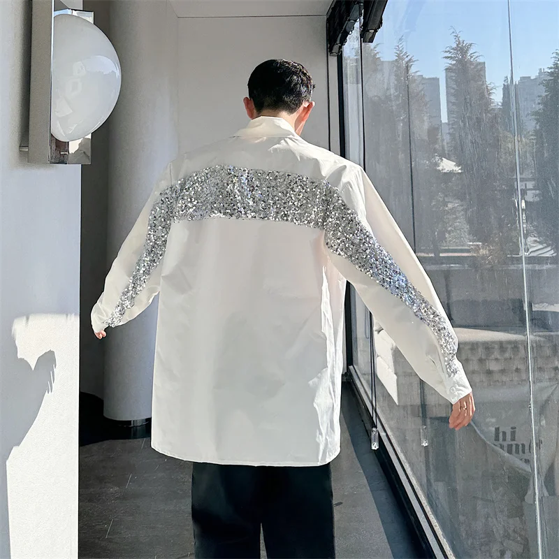 

Весенняя коллекция: Мужская белая рубашка с длинным рукавом, премиум-класса, с блестящим дизайном, в корейском стиле, модная, для выступлений