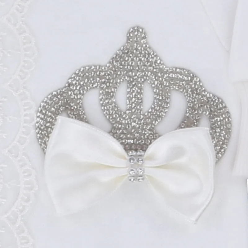 Luxury Baby Royal Romper 0-9 Months 4Pcs Pure White Silver Glitter Crown Lace Trim Satin Bow Footed Jumpsuit Boutique Gift