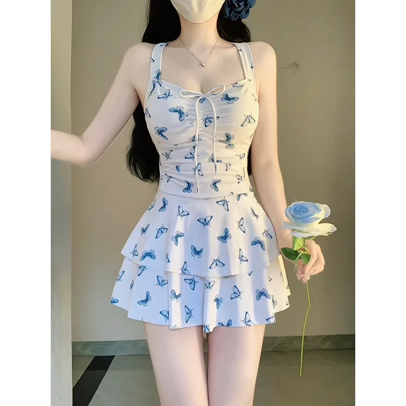 Women's Butterfly Print One-piece Swimsuit with Drawstring Front Lace Up Exposed Navel Swimsuit Layered Pleated Skirt Swimsuit