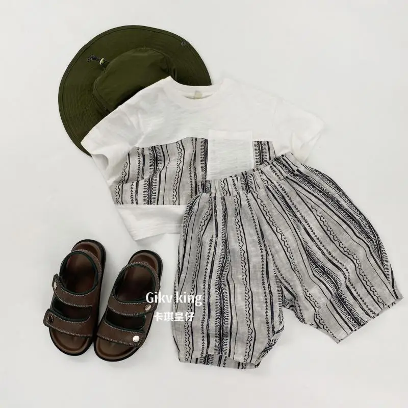

2026 Summer New Children Striped Splicing Short Sleeve Clothes Set Boys T Shirts + Shorts 2pcs Suit Kids Girls Loose Outfits