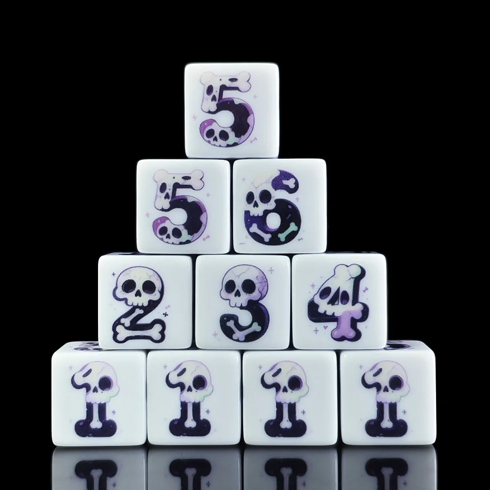 12Pcs 16MM Purple Gradient Skull Bone Number Print White Acrylic D6 Dice 6 Sided Game Dice For Halloween Tabletop Board Game Par