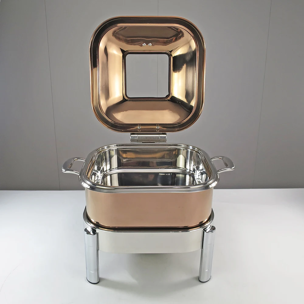 Square Hot Pot Buffet Dining Stainless Steel Rose Gold Stove Restaurant Food Heater Set Hydraulic Lid Electric Chaffing Dishes