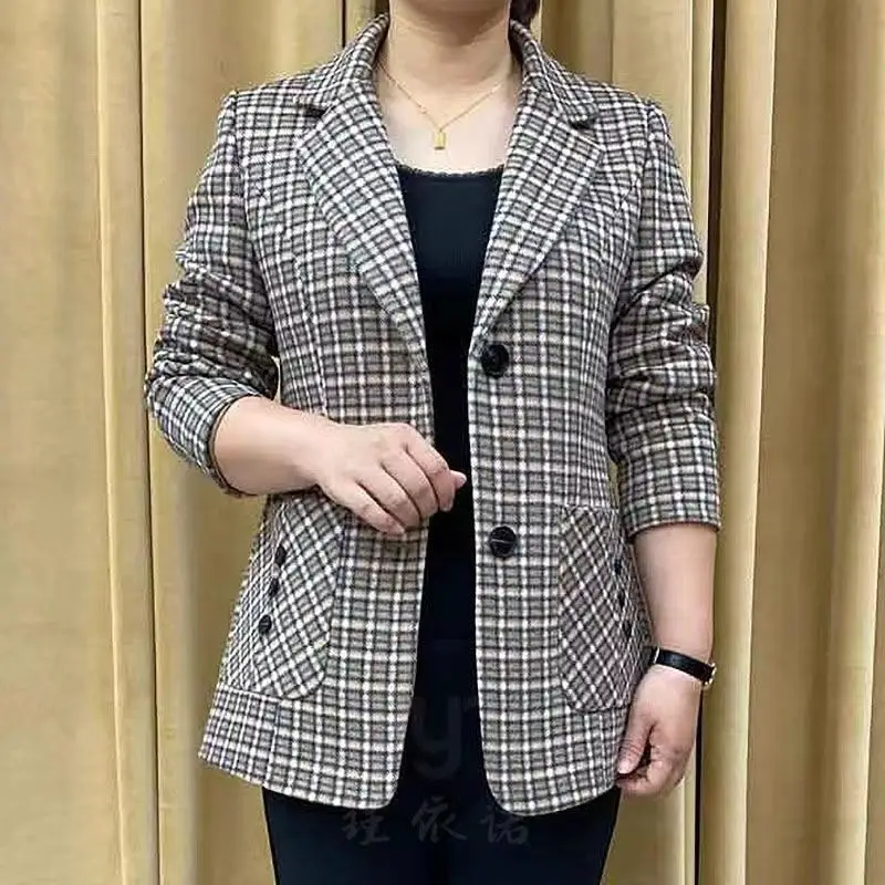 Imagem -02 - Blazer de Botões Xadrez Casual para Mulheres Manga Longa Cabolsa Solto para Senhoras Elegante e Solto Roupas Vintage para Mulheres de Meia Idade Novas Primavera e Outono