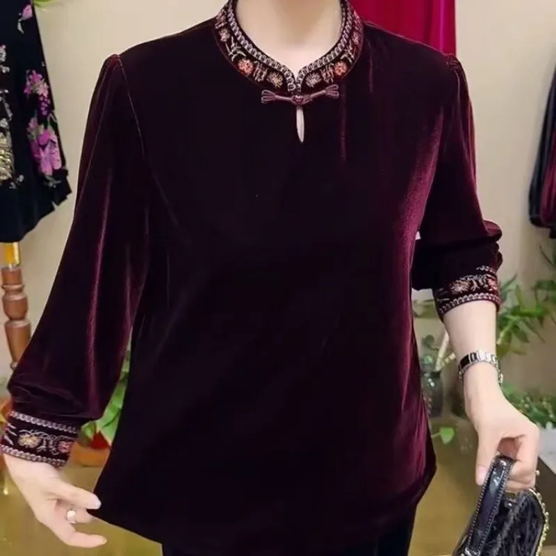 2026 New Embroidered Stand Up Collar Middle Aged and Elderly Belly Covering Top with Gold Velvet Base, Stylish Mom Style T-shirt