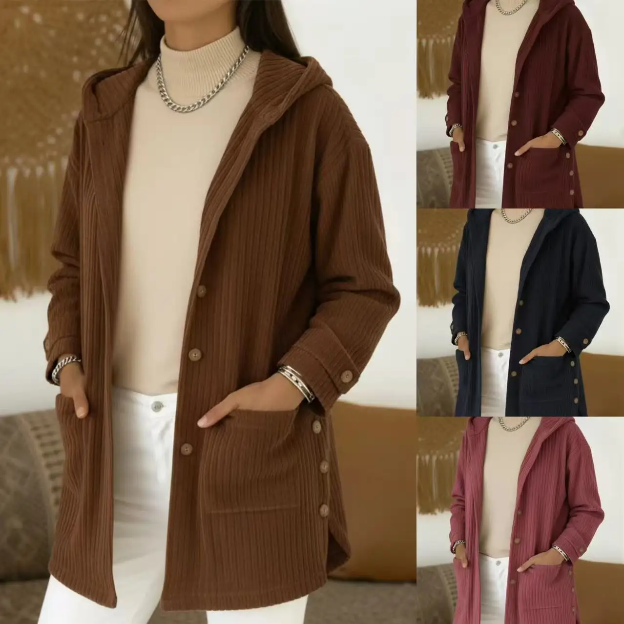 2025 European and American Foreign Trade Women's Clothing Autumn and Winter New Item Amazon Hooded Loose Women's Corduroy Casual