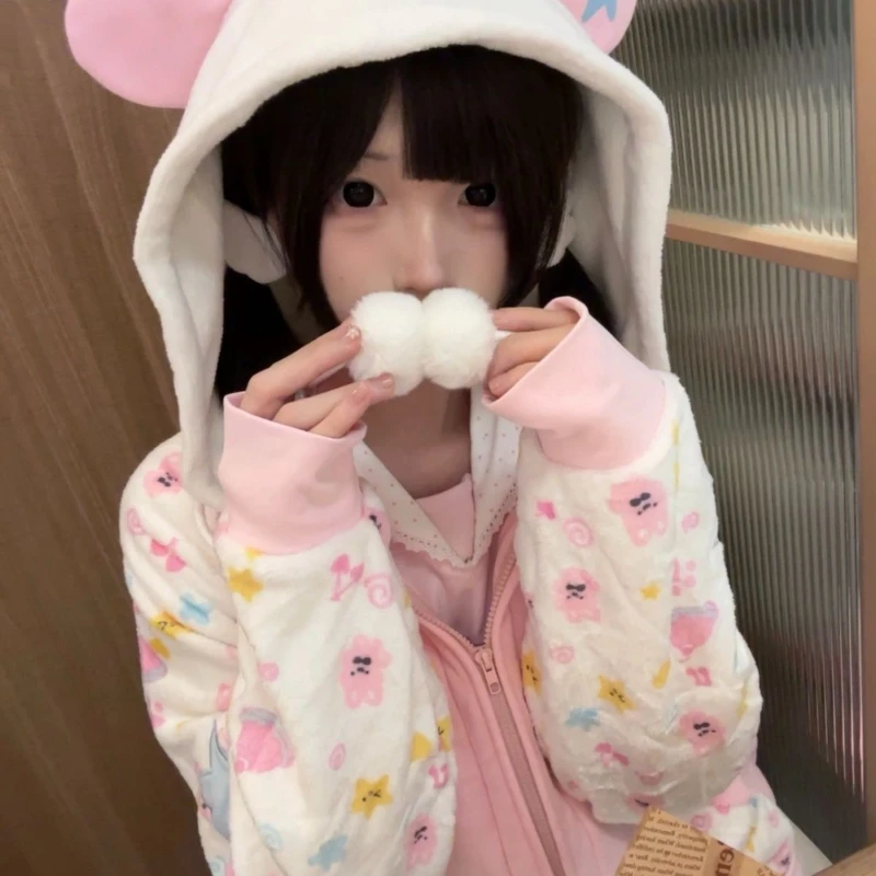 Kawaii Cute Contrast Color Hooded Hoodie Women Y2k Aesthetic Cartoon Print Grunge Hoody Casual Loose Zipper Sweatshirt Harajuku