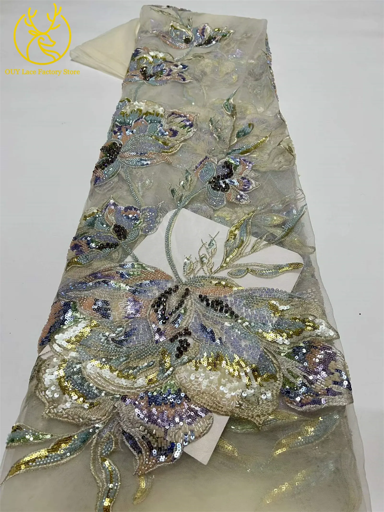 Luxuriöser afrikanischer Brautkleidstoff mit Stickerei, großen Blumen und Perlen, 5 Yards, hochwertiger französischer Pailletten-Spitzenstoff zum Nähen von Kleidern – Detail 18