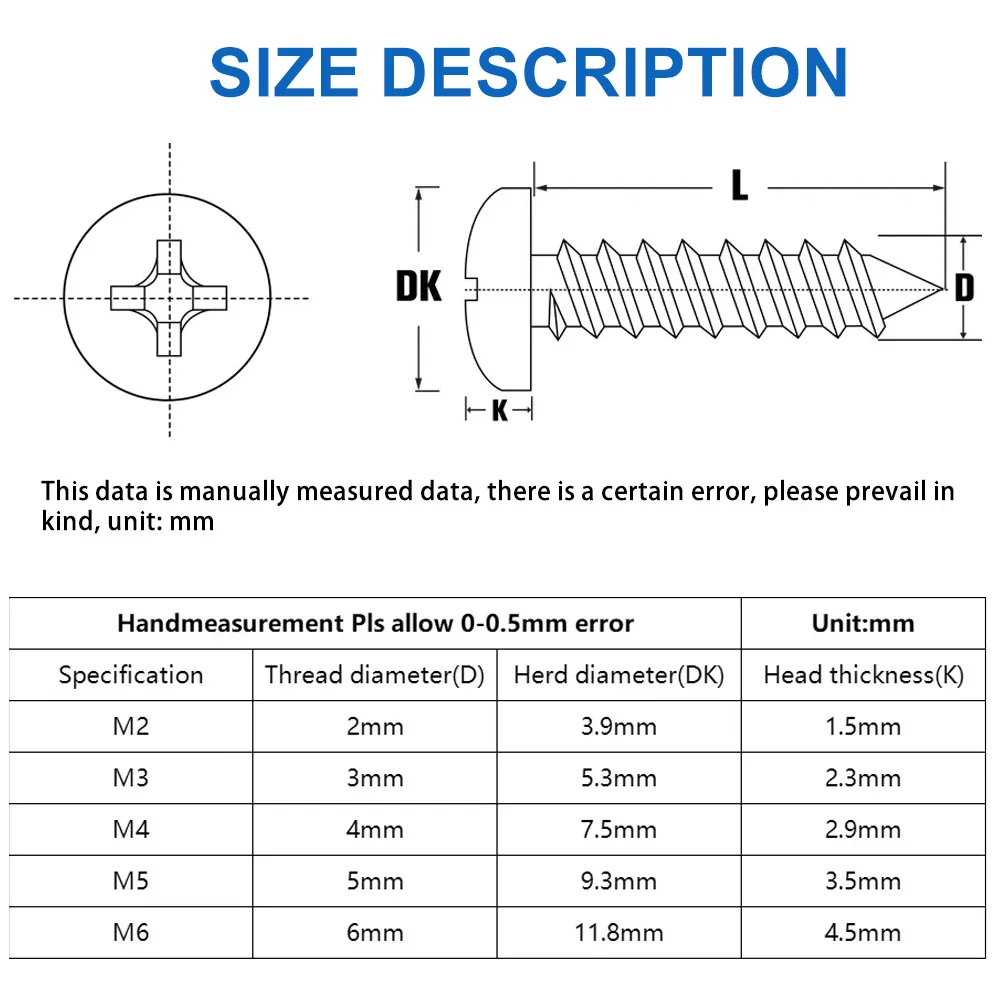 Phillips Round Head Self Tapping Screw 304 Stainless Steel Small Cross Pan Wood Screws M1M1.2M1.4M1.7M2M2.2M2.3M2.6 M3M3.5M4-M6