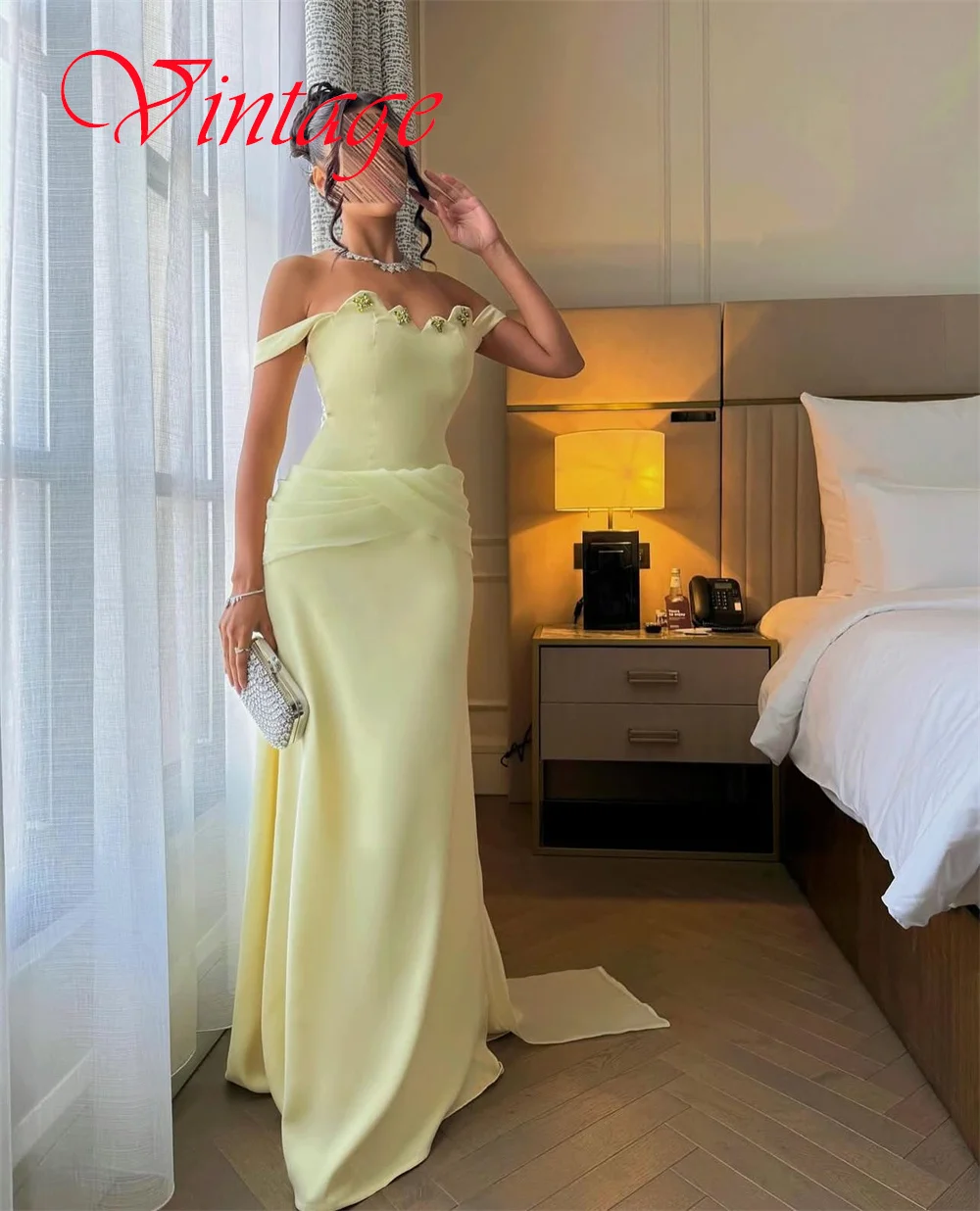 Customized Exquisite Yellow Jersey Evening Dress Elegant Off the Shoulder Strapless Zipper Back Chapel Train Homecoming Dress