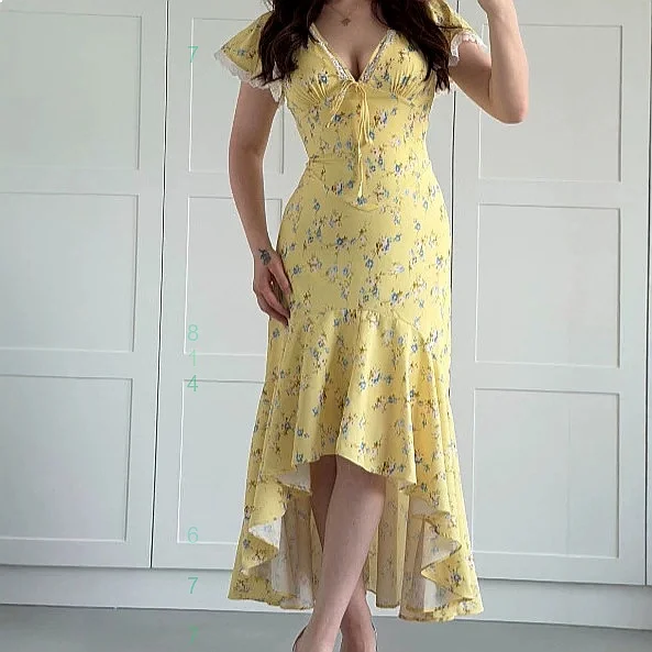 

Elegant V Neck Print Lace Trim Flowy Maxi Dress Women Spring Summer Long Dresses