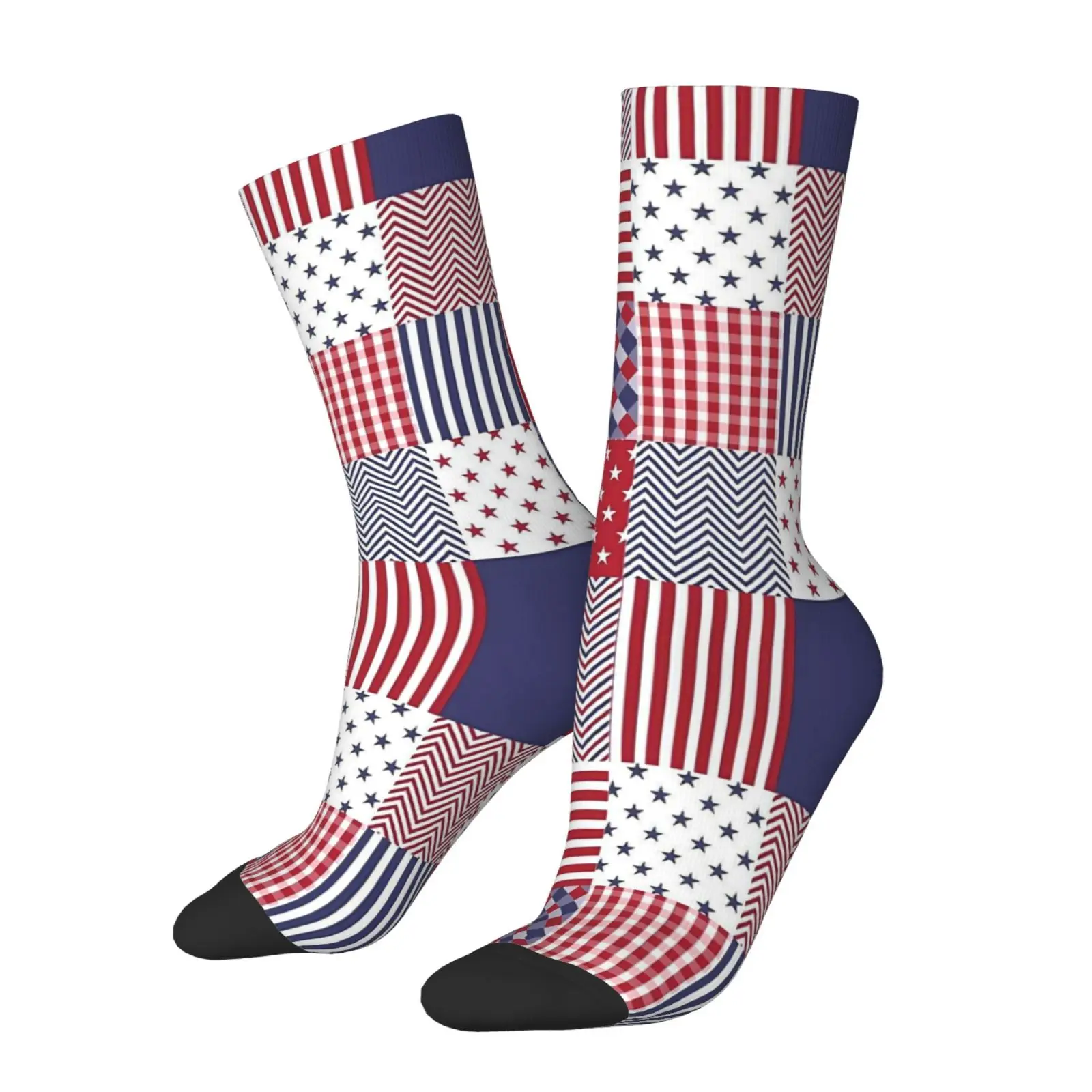 1 Pair of Unisex Flag-element Patchwork Plaid Pattern Printed Socks, American Patriotic Theme, Comfortable and Breathable