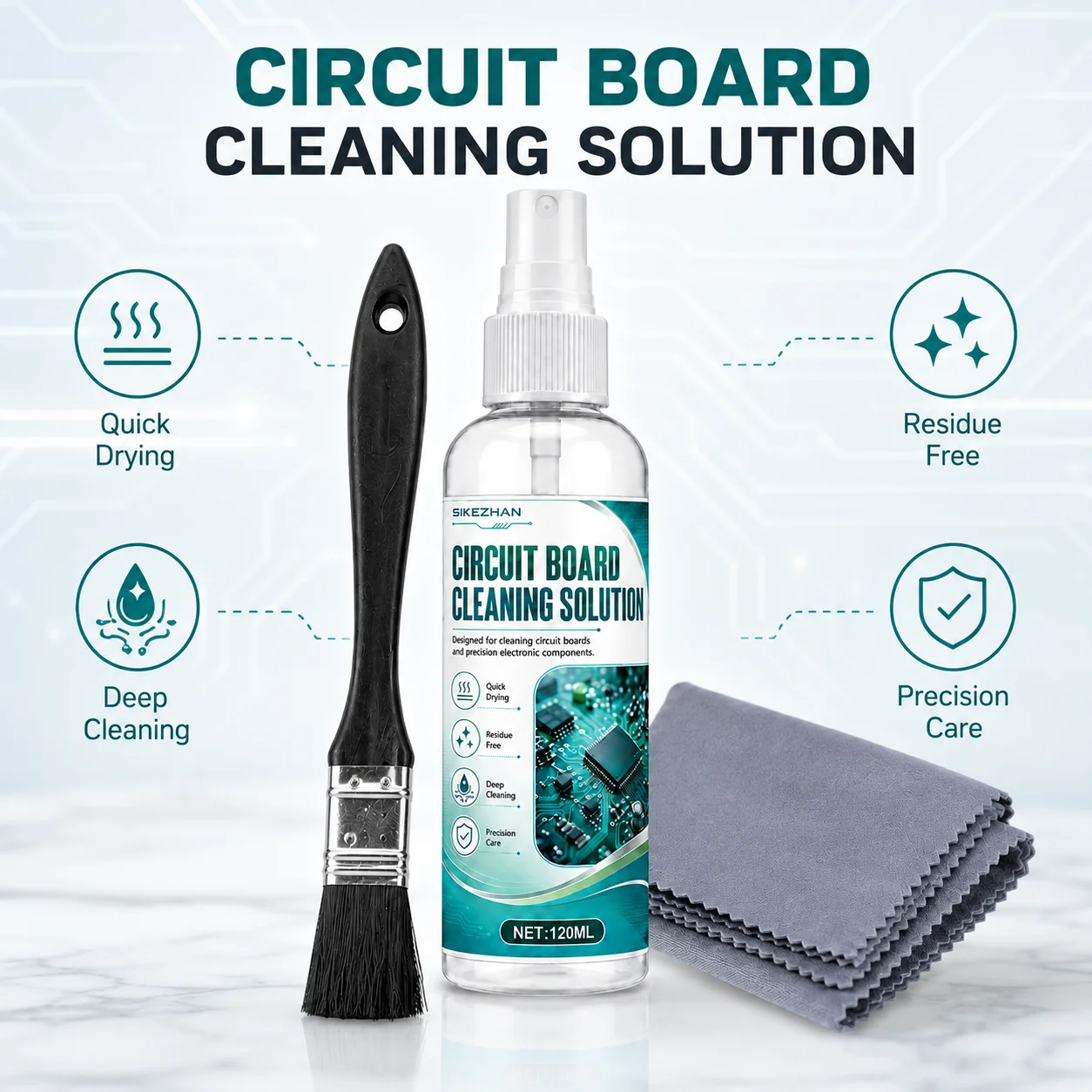 PCB Circuit Board Cleaning Spray 120ml with Detail Brush and Cloth for Computer Motherboard Electronics Care and Maintenance