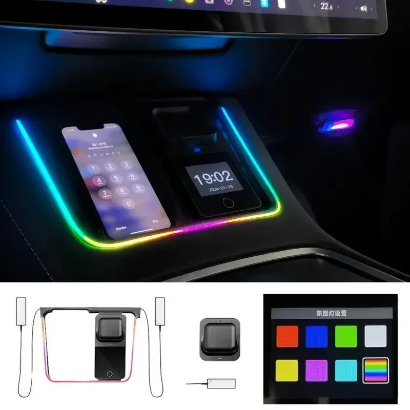 New Style for Tesla Model 3 Y Car Interior RGB Neon Light LED Strip Center Console Dashboard Wireless Charging Ambient Lamp